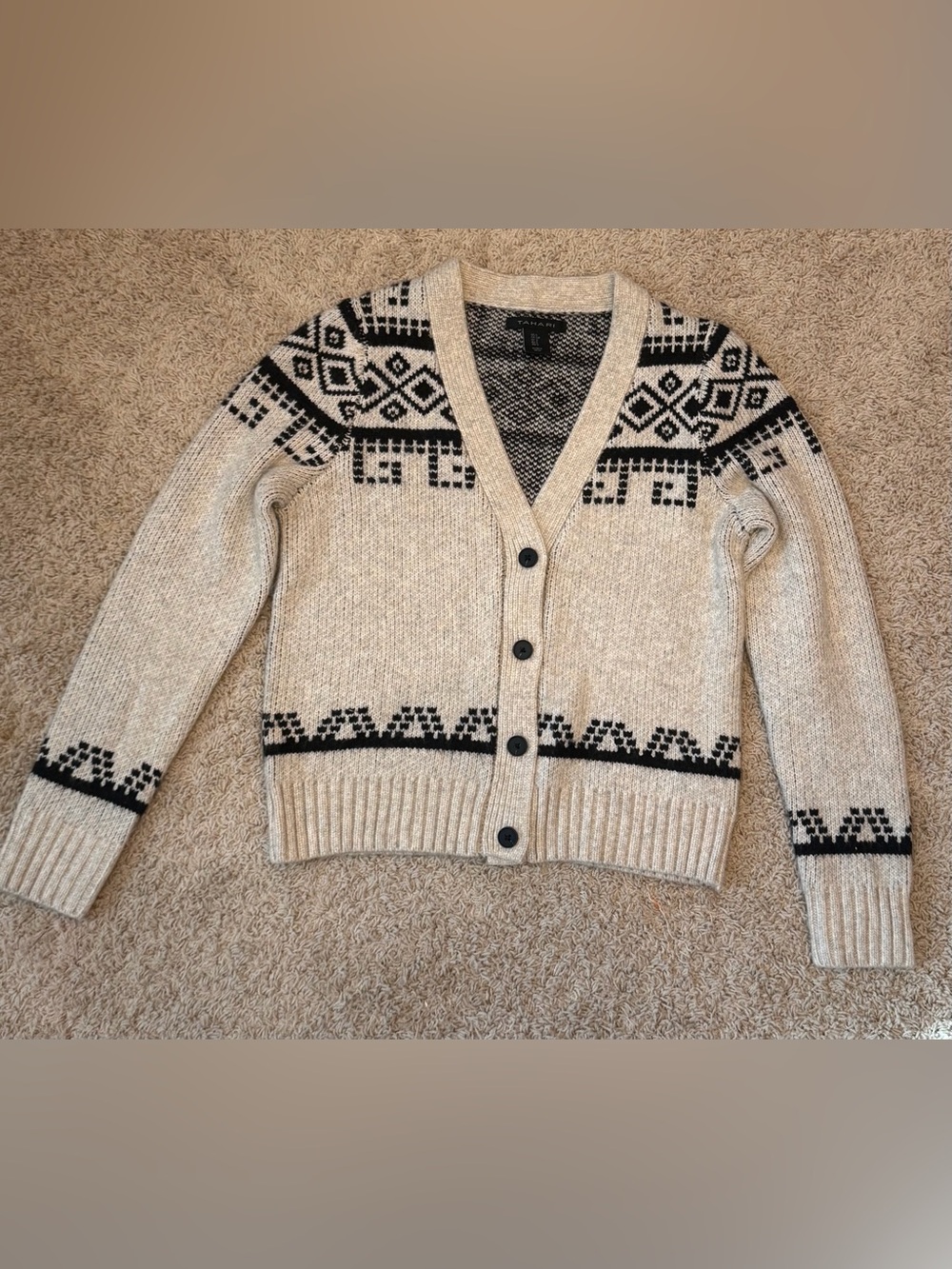 Tahari Oatmeal Cardigan with Black Fair Isle Accent